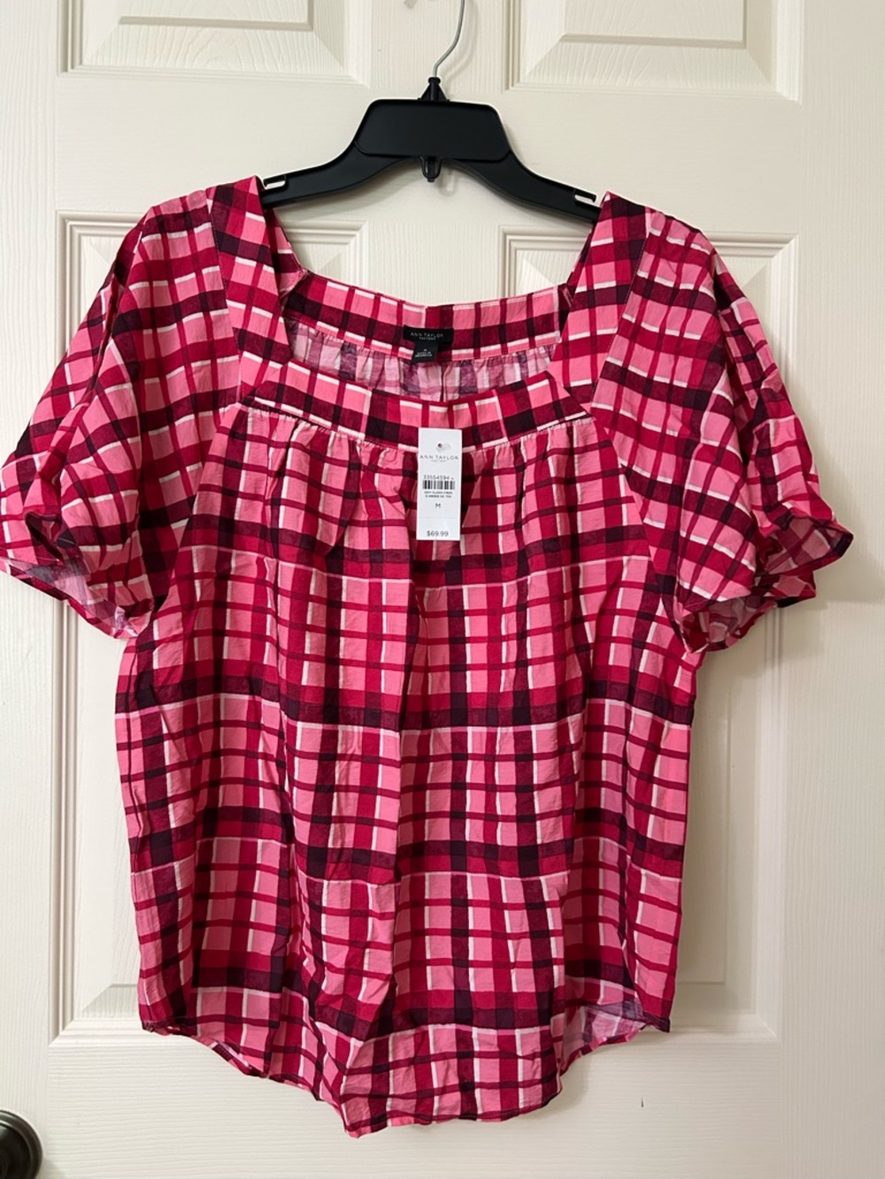 New With Tags- Ann Taylor Factory Pink Plaid Short-Sleeve Blouse